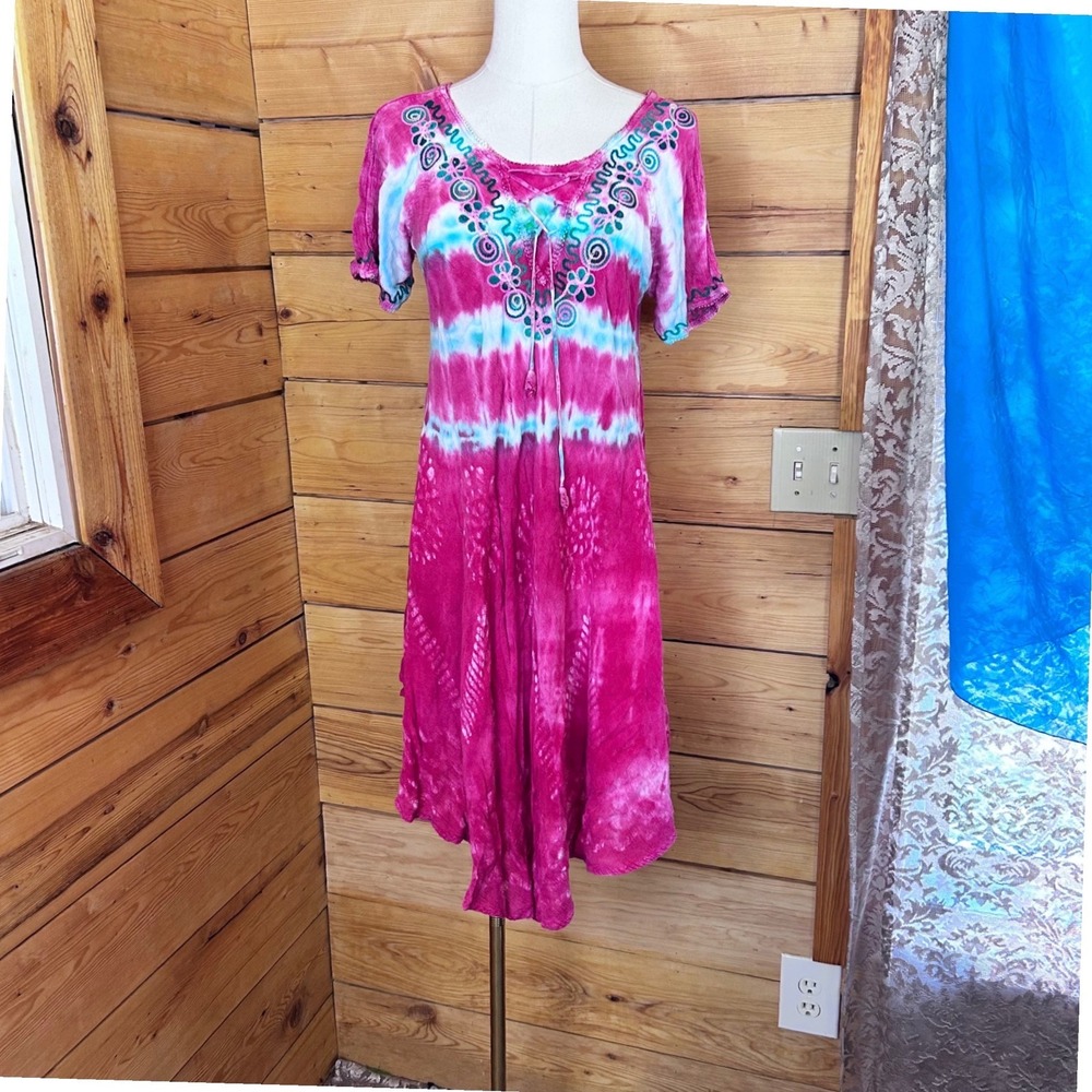 Tie Dye Handkerchief Hem Dress Women One Size Pink Turquoise Shoreline Wear